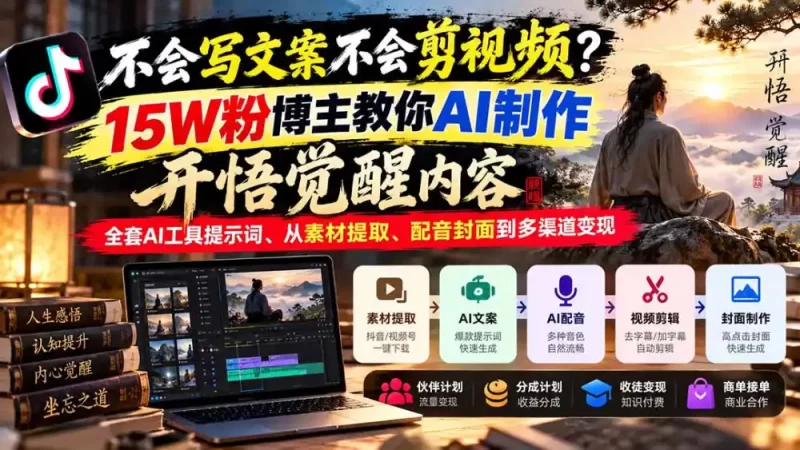 不会写文案不会剪视频?15W粉博主教你AI制作开悟觉醒内容,全套AI工具提示词、从素材提取、配音封面到多渠道变现-51云资源