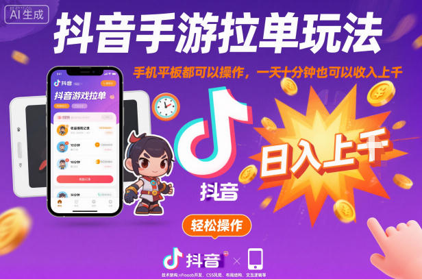 抖音手游拉单玩法，手机平板都可以操作，一天十分钟也可以收入上K【揭秘】-51云资源