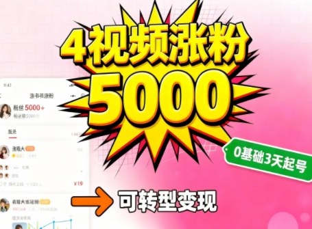 小红书暴力起号方法，四个视频涨粉5000，起号后可转型，操作简单，对小白友好-51云资源
