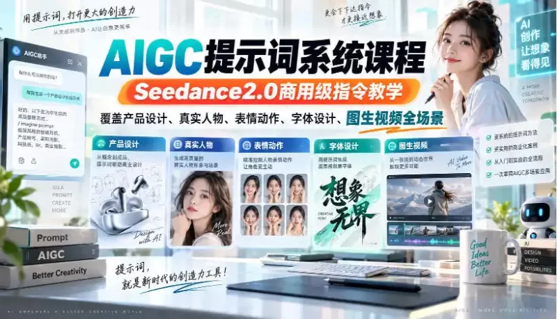 AIGC提示词系统课程,Seedance2.0商用级指令教学,覆盖产品设计、真实人物、表情动作、字体设计、图生视频全场景-51云资源