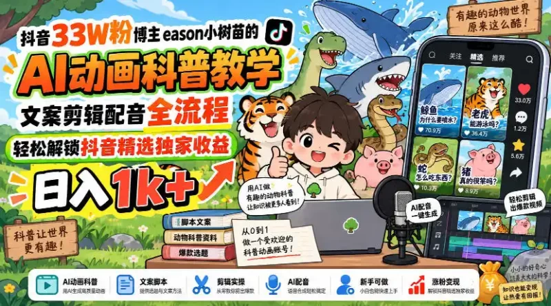 抖音33W粉博主eason小树苗的AI动画科普教学,文案剪辑配音全流程,轻松解锁抖音精选独家收益,日入1k-51云资源