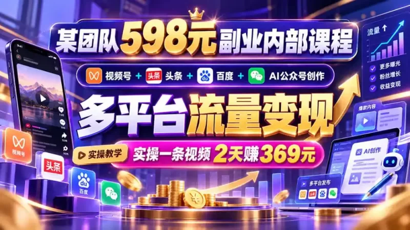 某团队598元副业内部课程:视频号 头条 百度 AI公众号创作、多平台流量变现,实操一条视频2天赚369元-51云资源