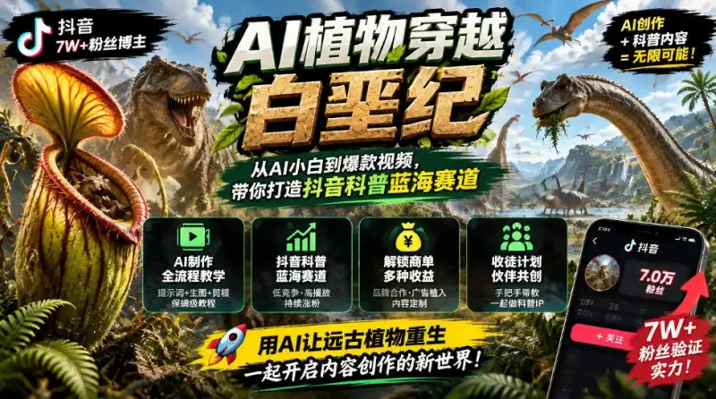 抖音7W粉丝博主的AI植物穿越白垩纪教学,抖音科普蓝海赛道,解锁商单收徒伙伴计划等多种收益-51云资源