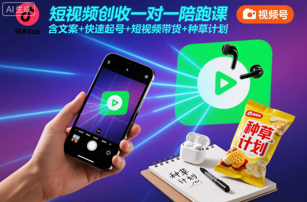 短视频创收一对一陪跑课,含文案 快速起号 短视频带货 种草计划