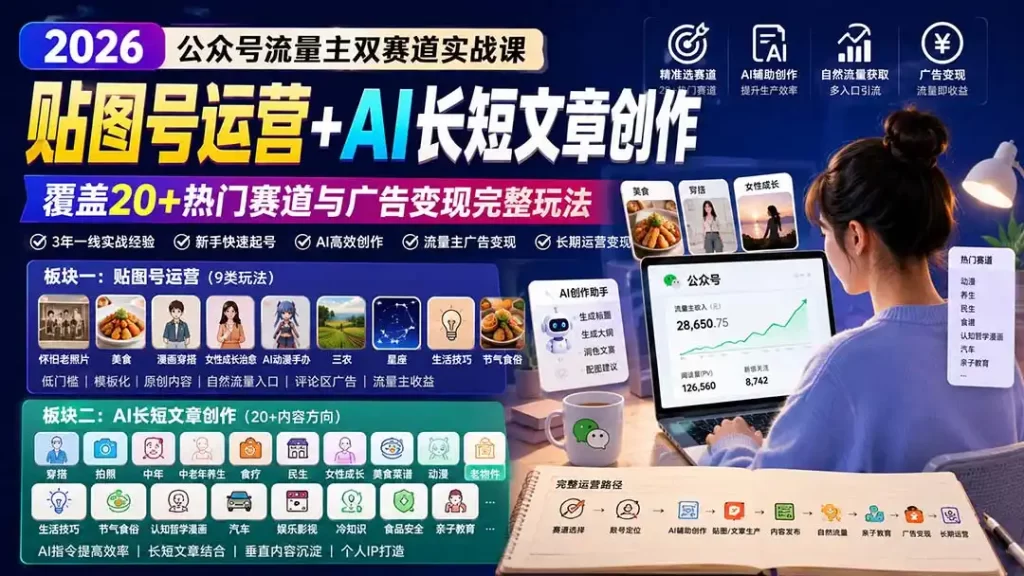 公众号流量主双赛道实战课：贴图号运营 AI长短文章创作，覆盖20 热门赛道与广告变现完整玩法-51云资源