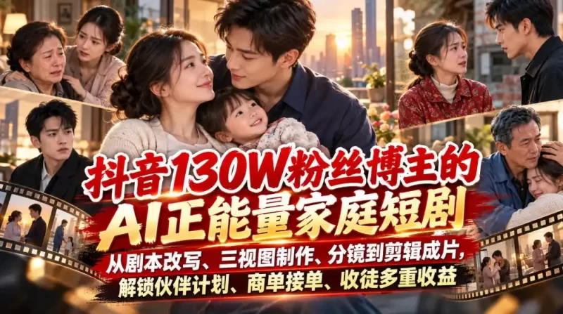 抖音130W粉丝博主的AI正能量家庭短剧，从剧本改写、三视图制作、分镜到剪辑成片，解锁伙伴计划、商单接单、收徒多重收益(更新1007)-51云资源
