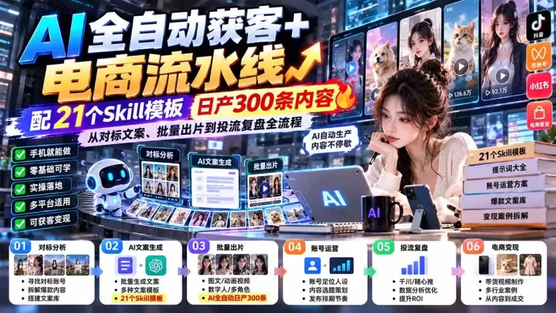 【无水印】AI全自动获客 电商流水线:配21个Skill模板,日产300条内容,从对标文案、批量出片到投流复盘全流程-51云资源