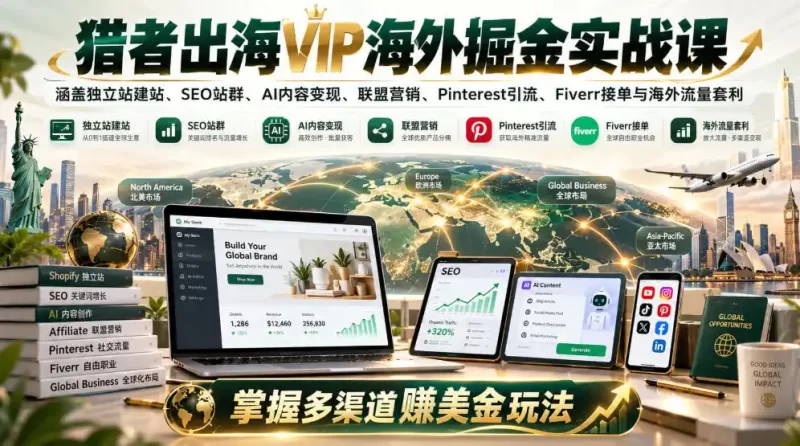 猎者出海VIP海外掘金实战课:涵盖独立站、SEO站群、AI变现、联盟营销、Pinterest引流、Fiverr接单与海外流量套利,掌握多渠道賺美金玩法-51云资源