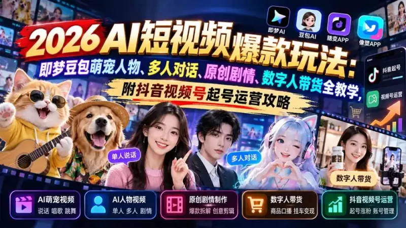 2026AI短视频爆款玩法:即梦豆包萌宠人物、多人对话、原创剧情、数字人带货全教学,附抖音视频号起号运营攻略-51云资源