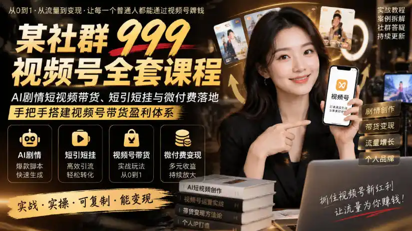某社群999视频号全套课程，AI剧情短视频带货、短引短挂与微付费落地，手把手搭建视频号带货盈利体系-51云资源