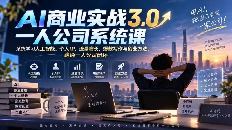 AI商业实战3.0一人公司系统课:系统学习人工智能、个人IP、流量增长、爆款写作与创业方法,跑通一人公司闭环-51云资源