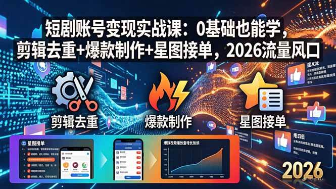 (18160期)短剧账号变现实战课:0基础也能学,剪辑去重 爆款制作 星图接单,2026流量风口-51云资源