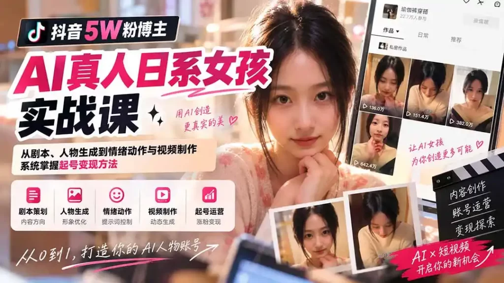 抖音5W粉博主AI真人日系女孩实战课:从剧本、人物生成到情绪动作与视频制作,系统掌握起号变现方法-51云资源