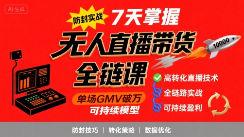 无人直播带货全链防封实战课，7天掌握高转化直播技术，实现单场GMV破万可持续模型-51云资源
