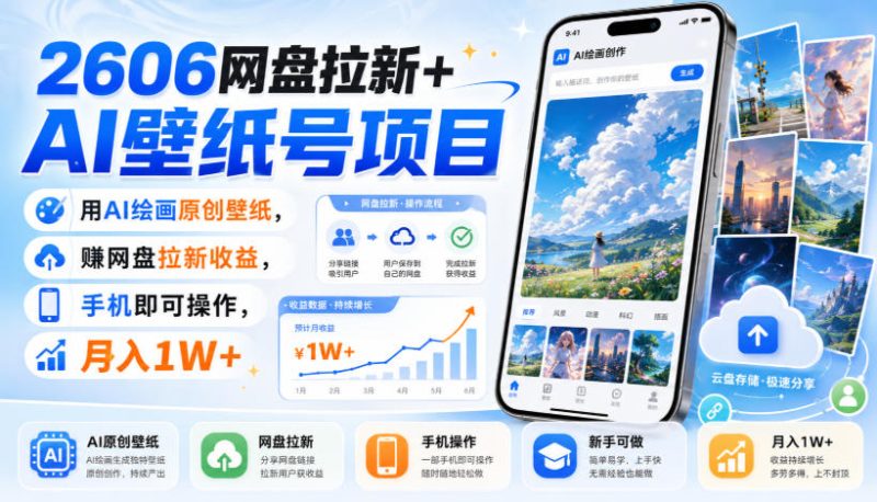 2606网盘拉新 AI壁纸号项目,用AI绘画原创壁纸,賺网盘拉新收益,手机即可操作,月入1W-51云资源