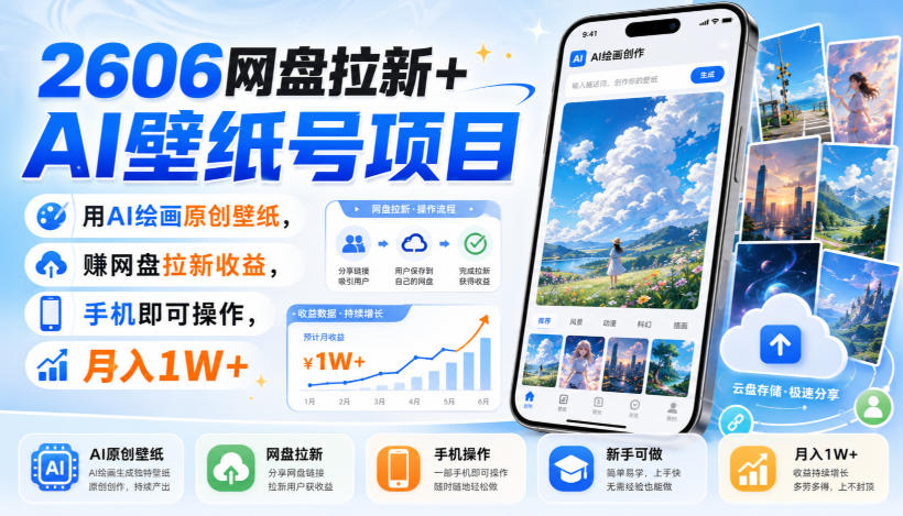 2606网盘拉新 AI壁纸号项目，用AI绘画原创壁纸，賺网盘拉新收益，手机即可操作，月入1W-51云资源