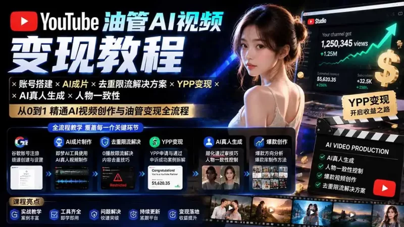 YouTube油管AI视频变现教程-更新0926：账号搭建×AI成片×去重限流解决方案×YPP变现×AI真人生成×人物一致性-51云资源