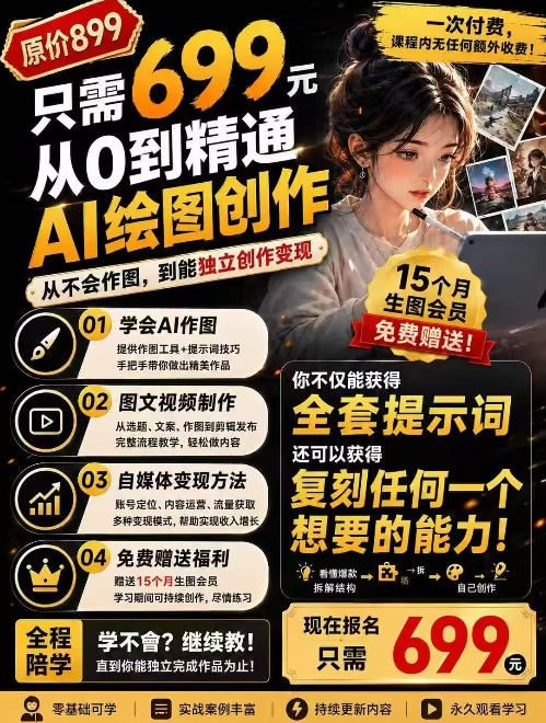 抖音10W粉丝博主的AI绘图教学，从0到精通AI绘图创作，从不会作图到能独立创作变现-51云资源
