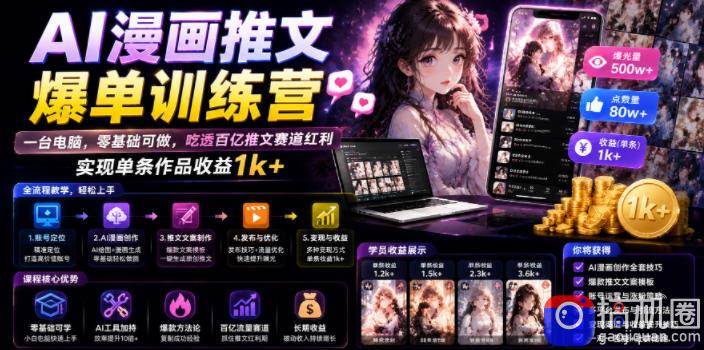 AI漫画推文爆单训练营，一台电脑，零基础可做，吃透百亿推文赛道红利，实现单条作品收益1k-51云资源