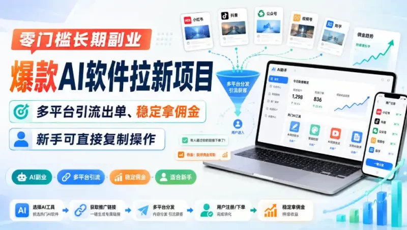零门槛长期副业,爆款AI软件拉新项目,多平台引流出单、稳定拿佣金,新手可直接复制操作-51云资源