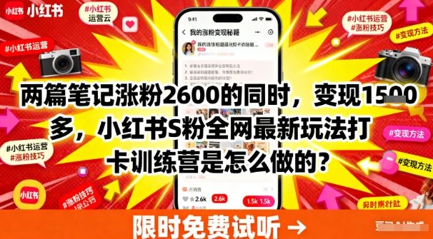 两篇笔记涨粉2600的同时,变现多张,小红书S粉全网最新玩法打卡训练营是怎么做的?