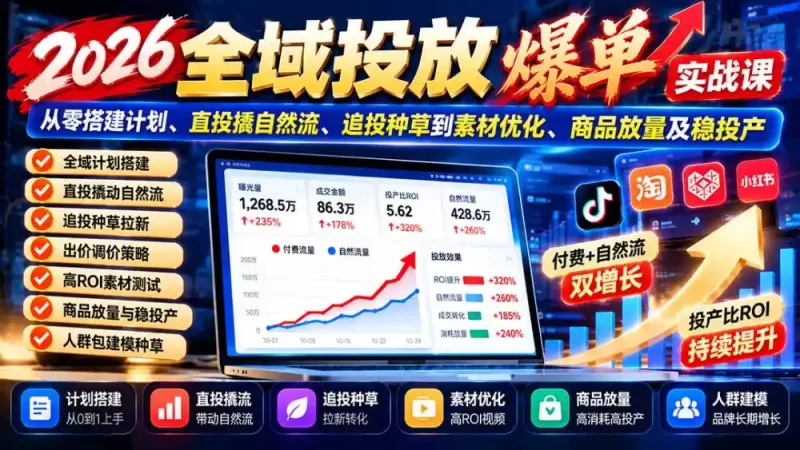 2026全域投放爆单实战课:从零搭建计划、直投撬自然流、追投种草到素材优化、商品放量及稳投产-51云资源