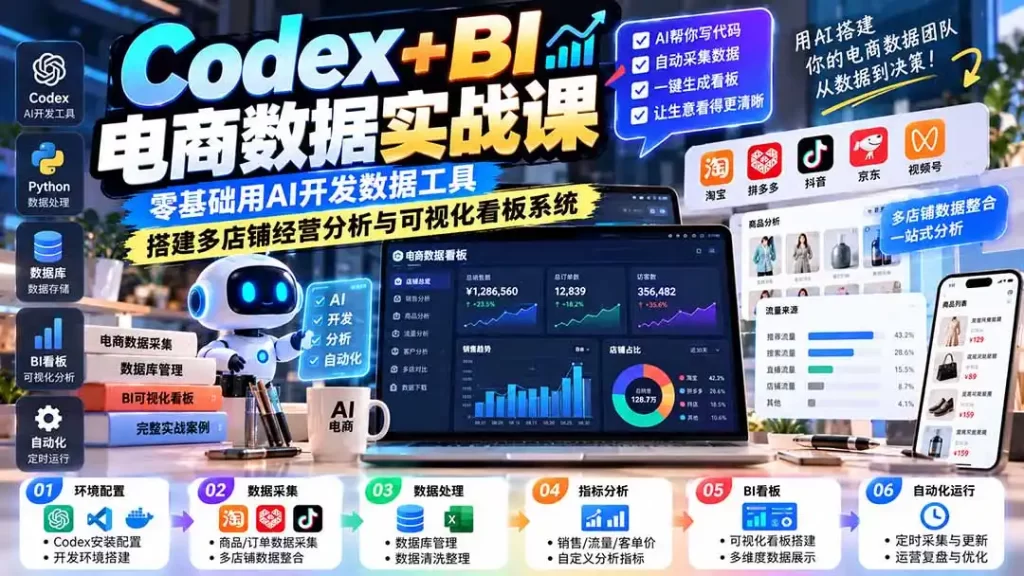 Codex BI电商数据实战课：零基础用AI开发数据工具，搭建多店铺经营分析与可视化看板系统-51云资源