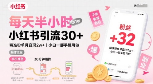 每天半小时小红书引流30 ，精准粉单月变现2w ，小白新手一部手机可做，今天5分钟硬核实操-51云资源
