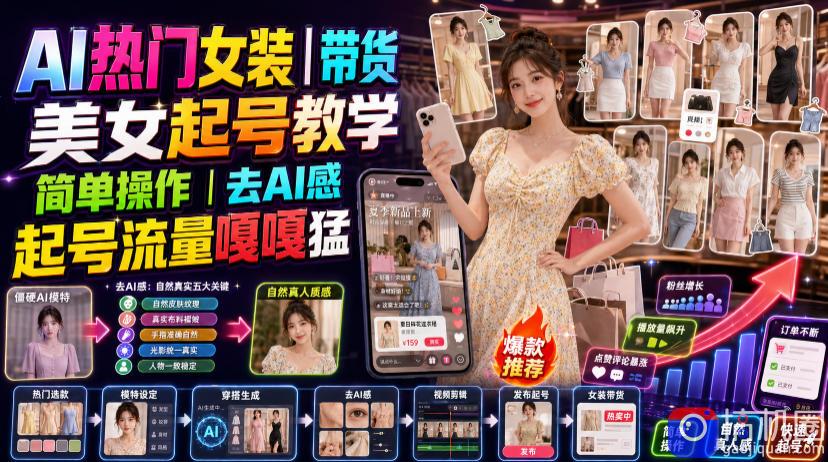 AI热门女装带货丨美女起号教学，简单操作，去AI感，起号流量嘎嘎猛-51云资源