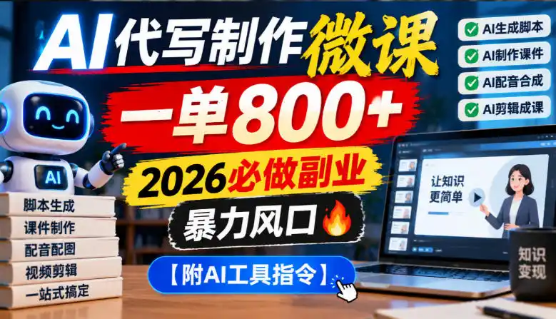 AI代写制作微课，一单800 ，2026必做副业，暴力风口【附AI工具指令】【揭秘】-51云资源