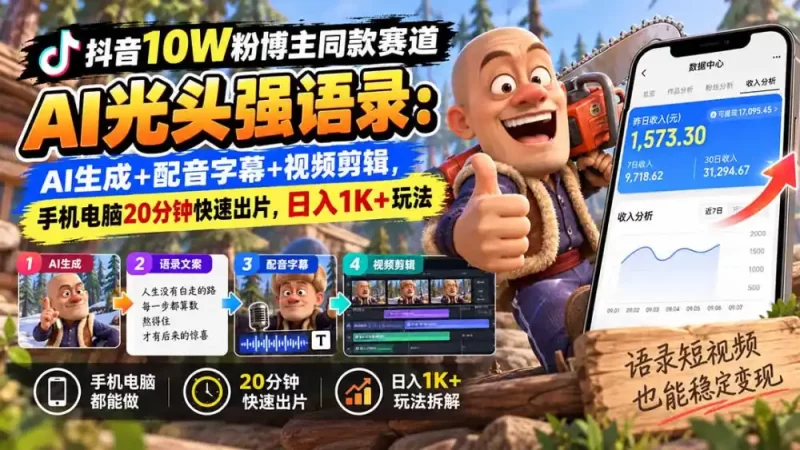 【无水印】抖音10W粉博主同款赛道AI光头强语录：AI生成 配音字幕 视频剪辑，手机电脑20分钟快速出片，日入1K 玩法-51云资源