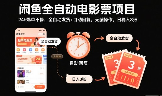 闲鱼全自动电影票项目，24h爆单不停，全自动发货 自动回复，无脑操作，日稳入3张【揭秘】-51云资源