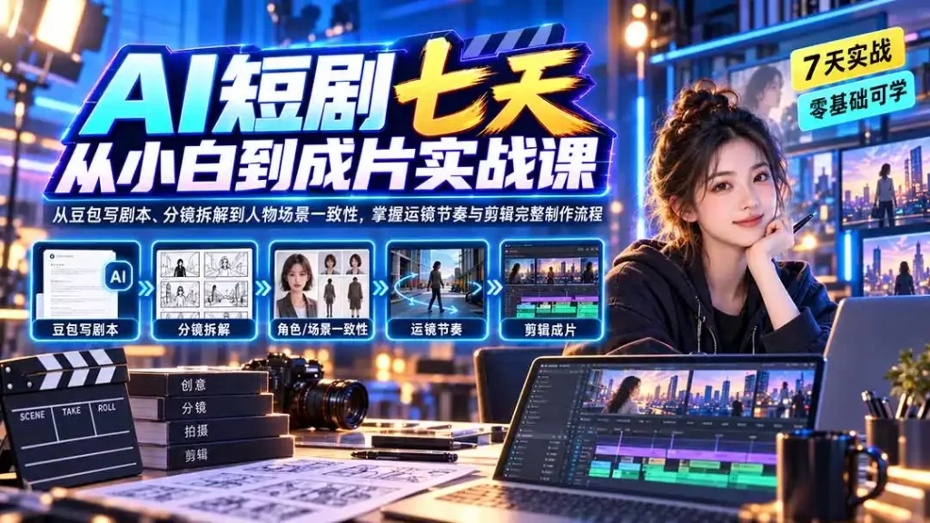 AI短剧七天从小白到成片实战课:从豆包写剧本、分镜拆解到人物场景一致性,掌握运镜节奏与剪辑完整制作流程-51云资源