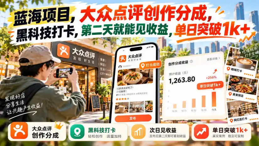 蓝海项目,大众点评创作分成,黑科技打卡,第二天就能见收益,单日突破1k 【揭秘】-51云资源