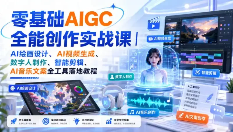 零基础AIGC全能创作实战课｜AI绘画设计、AI视频生成、数字人制作、智能剪辑、AI音乐文案全工具落地教程-51云资源