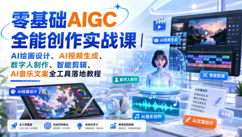零基础AIGC全能创作实战课｜AI绘画设计、AI视频生成、数字人制作、智能剪辑、AI音乐文案全工具落地教程-51云资源
