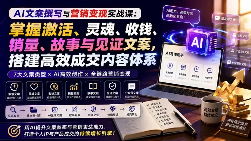 AI文案撰写与营销变现实战课：掌握激活、灵魂、收钱、销量、故事与见证文案，搭建高效成交内容体系-51云资源