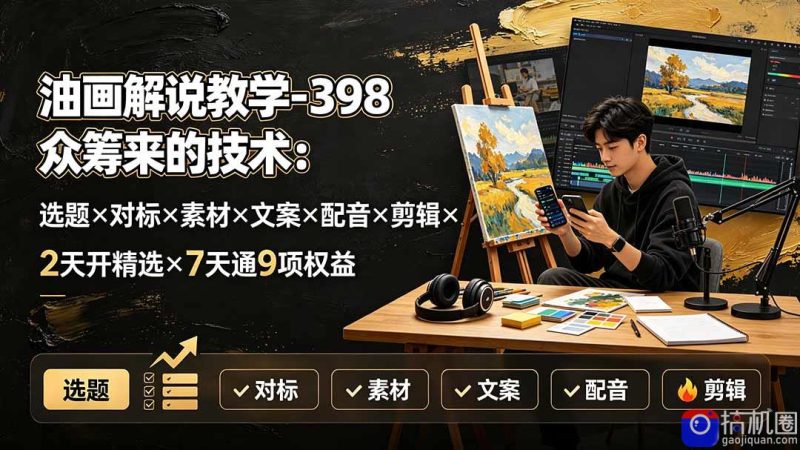 油画解说教学-398众筹来的技术:选题×对标×素材×文案×配音×剪辑×2天开精选×7天通9项权益-51云资源