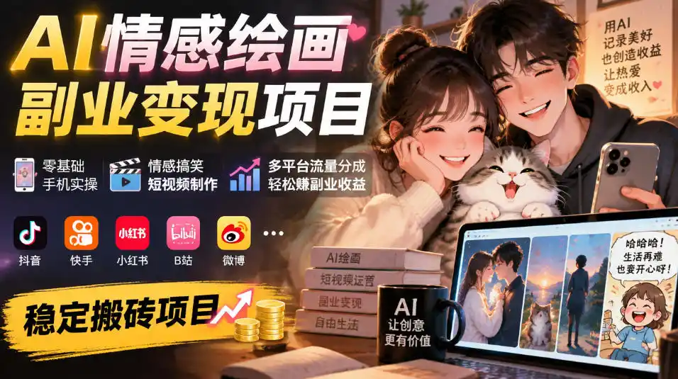 AI情感绘画副业变现项目｜零基础手机实操，情感搞笑短视频制作，多平台流量分成轻松賺副业收益-51云资源