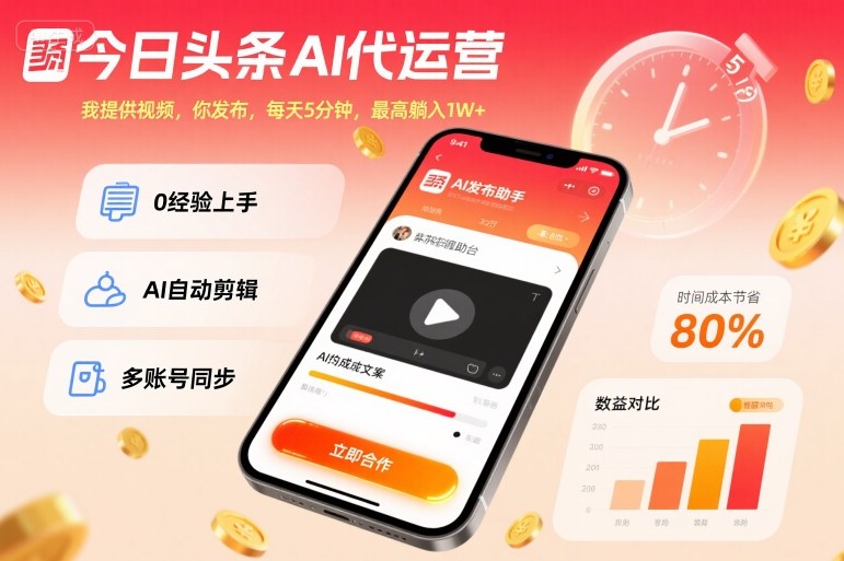 今日头条AI代运营,我提供视频,你发布,每天5分钟,最高躺入1W 【揭秘】-51云资源