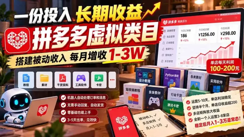一份投入长期收益,拼多多虚拟类目,搭建被动收入每月增收 1-3W-51云资源