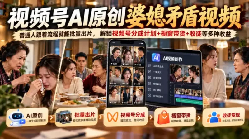 视频号ai原创婆媳矛盾视频,普通人跟着流程就能批量出片,解锁视频号分成计划 橱窗带货 收徒等多种收益-51云资源