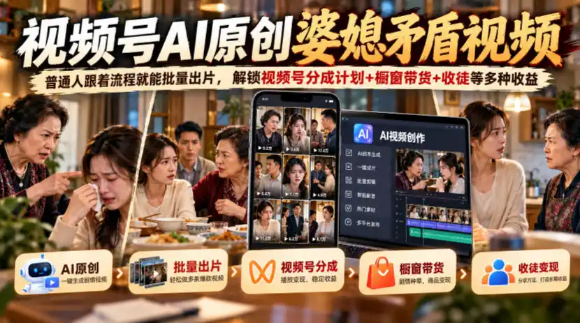 视频号ai原创婆媳矛盾视频,普通人跟着流程就能批量出片,解锁视频号分成计划 橱窗带货 收徒等多种收益