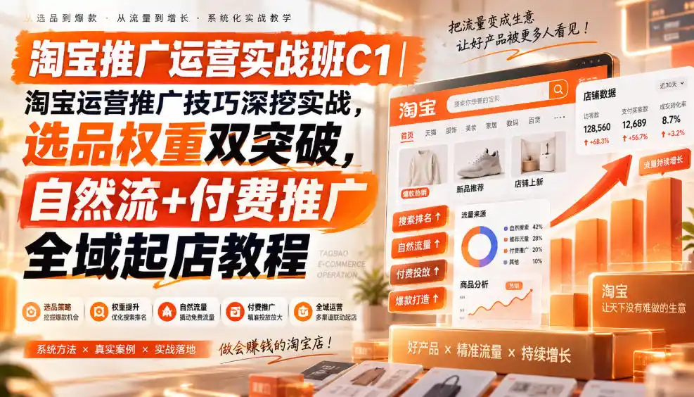 淘宝推广运营实战班C1|淘宝运营推广技巧深挖实战,选品权重双突破,自然流 付费推广全域起店教程-51云资源