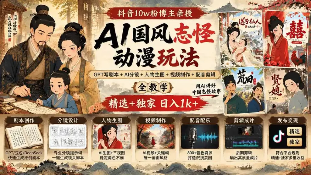 抖音10w粉博主亲授AI国风志怪动漫玩法｜GPT写剧本 AI分镜 人物生图 视频制作 配音剪辑全教学｜精选 独家日入1k-51云资源