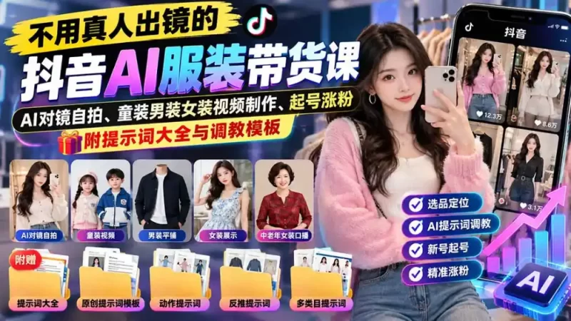不用真人出镜的抖音AI服装带货课:AI对镜自拍、童装男装女装视频制作、起号涨粉,附提示词大全与调教模板-51云资源