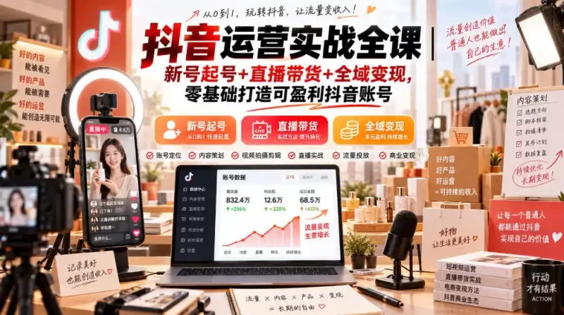 抖音运营实战全课|新号起号 直播带货 全域变现,零基础打造可盈利抖音账号-51云资源