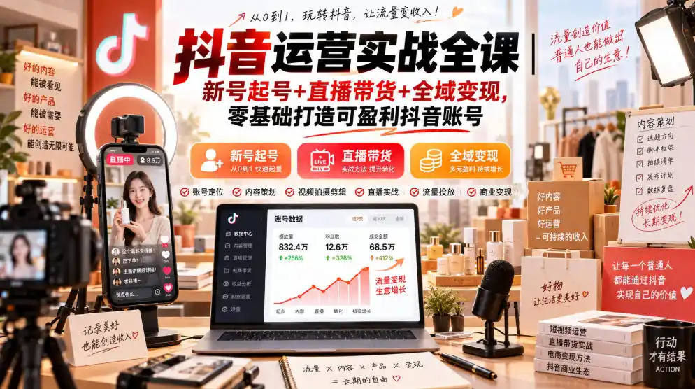 抖音运营实战全课｜新号起号 直播带货 全域变现，零基础打造可盈利抖音账号-51云资源