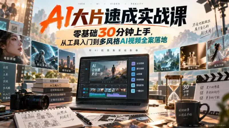 AI大片速成实战课|零基础30分钟上手,从工具入门到多风格AI视频全案落地-51云资源