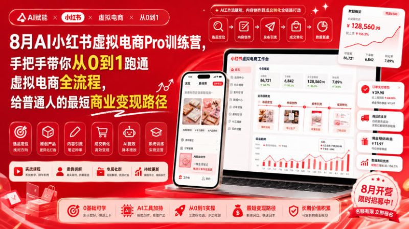 8月AI小红书虚拟电商Pro训练营,手把手带你从0到1跑通虚拟电商全流程,给普通人的最短商业变现路径-51云资源
